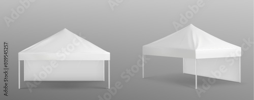 Tent mockup for exhibition event. Realistic 3d vector illustration set of white marquee canopy for product presentation front and side view. Garden gazebo for summer festival. Square pavilion template