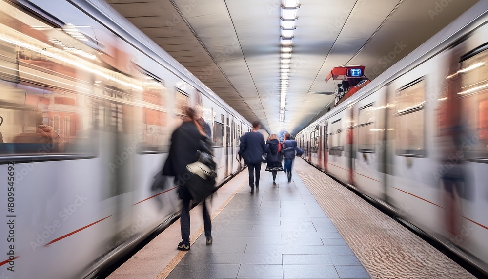 Motion blur of a train speeding through a busy underground platform with commuters Motion blur of a train speeding through a busy underground platform with commuters