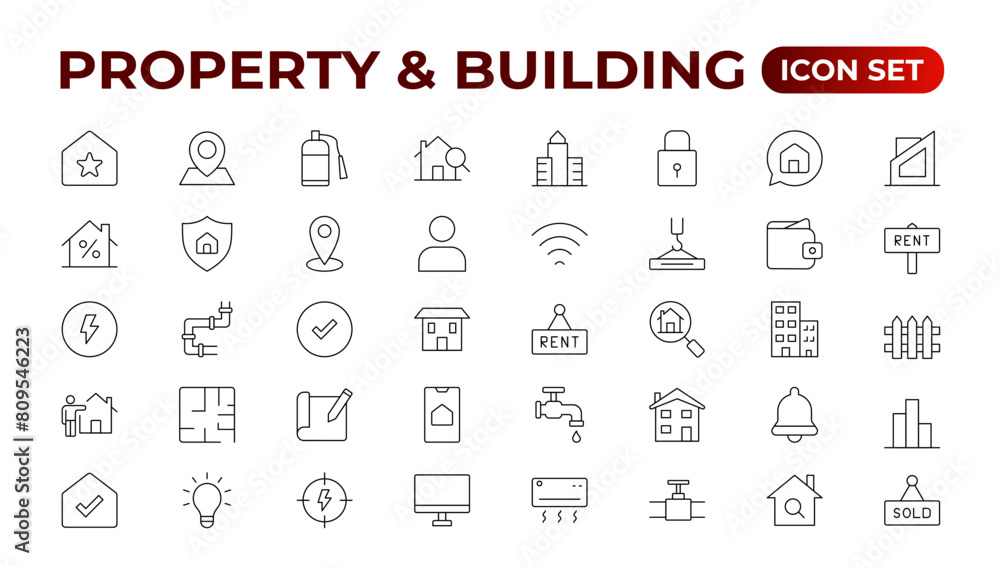 Set of line icons related to real estate, property, buying, renting, house, home. Outline icon collection. Vector illustration.Real estate Big UI set in a flat design. Thin outline pack. Set of line icons related to real estate, property, buying, renting, house, home. Outline icon collection. Vector illustration.Real estate Big UI set in a flat design. Thin outline pack.