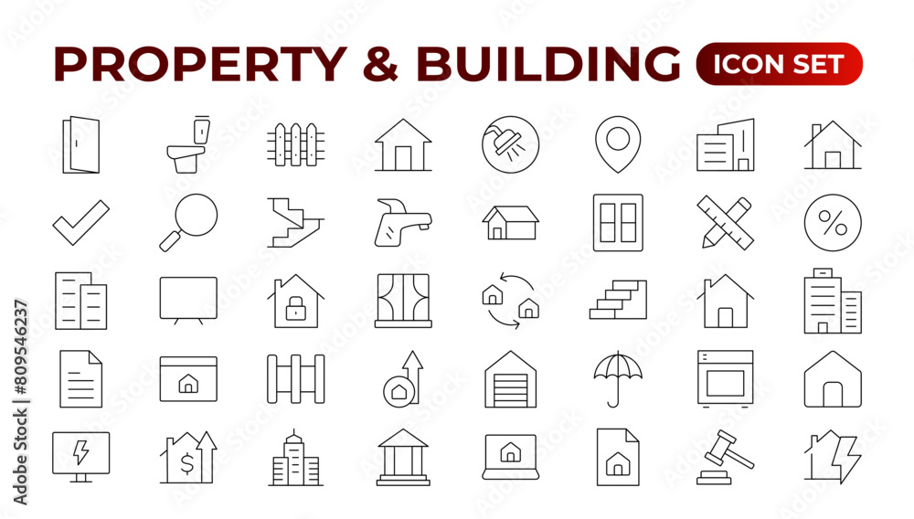 Set of line icons related to real estate, property, buying, renting, house, home. Outline icon collection. Vector illustration.Real estate Big UI set in a flat design. Thin outline pack. Set of line icons related to real estate, property, buying, renting, house, home. Outline icon collection. Vector illustration.Real estate Big UI set in a flat design. Thin outline pack.
