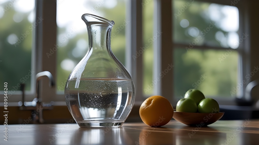  A shiny jug of crystal-clear water sitting on a sunlit kitchen countertop 