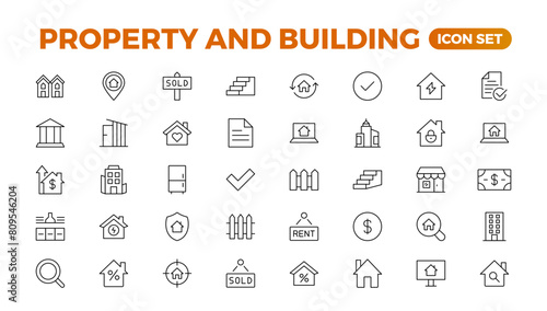Set of line icons related to real estate, property, buying, renting, house, home. Outline icon collection. Vector illustration.Real estate Big UI set in a flat design. Thin outline pack.