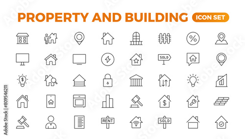 Set of line icons related to real estate, property, buying, renting, house, home. Outline icon collection. Vector illustration.Real estate Big UI set in a flat design. Thin outline pack.