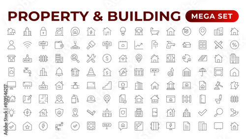 Set of line icons related to real estate, property, buying, renting, house, home. Outline icon collection. Vector illustration.Real estate Big UI set in a flat design. Thin outline pack.