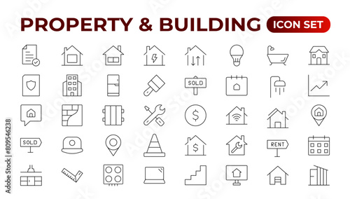 Set of line icons related to real estate, property, buying, renting, house, home. Outline icon collection. Vector illustration.Real estate Big UI set in a flat design. Thin outline pack.