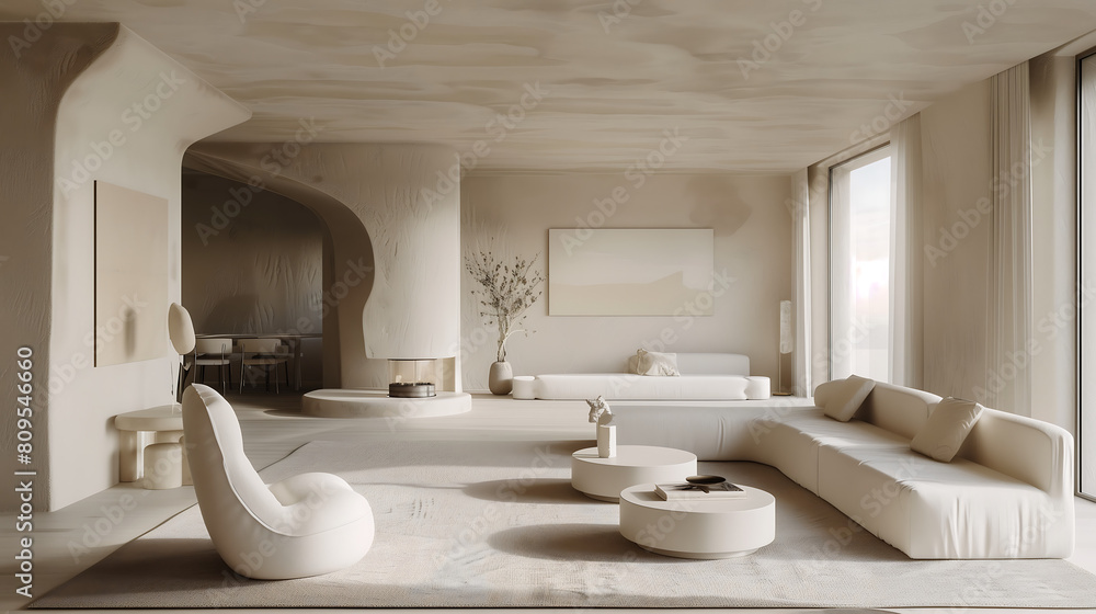 Fototapeta premium modern interior, minimalist living room with white furniture, artistic wall decor, dining area in the background, and large windows for natural light