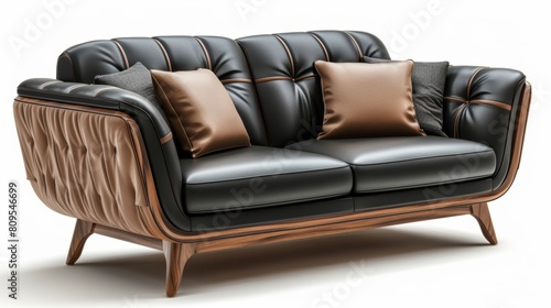 Modern Leather Sofa on White Background Generative AI