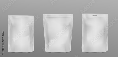White plastic doypack mockup for food or cosmetic branding and promotion. Realistic 3d vector illustration set of pouch with zipper. Template of blank package or bag container for sauce or detergent.