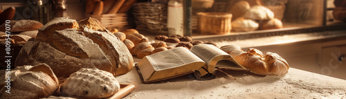 Retro bakery at dawn, a Bible rests on a flour-dusted table, the baker's spiritual and daily bread, super realistic