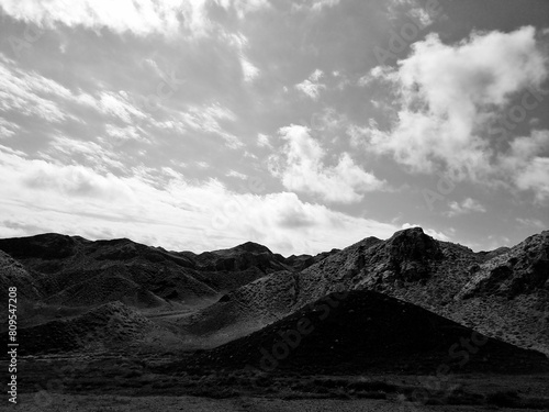 black and white image of mountain landscape