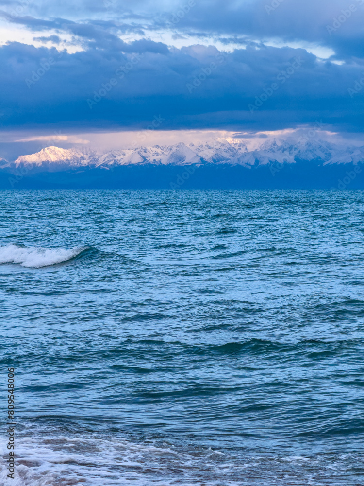 Big waves. stormy sea, thunderclouds. Kyrgyzstan, Lake Issyk-Kul