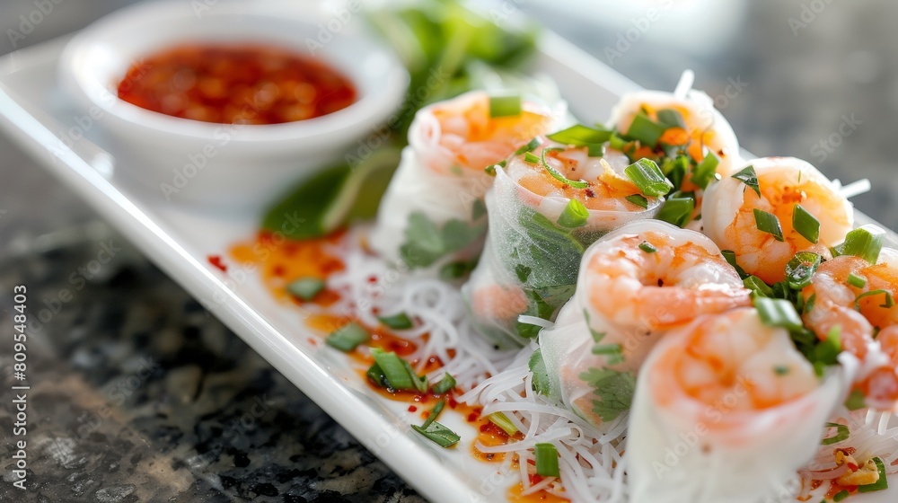 Thai spring rolls with shrimp, vermicelli and herbs, seasoned with sweet chili sauce.