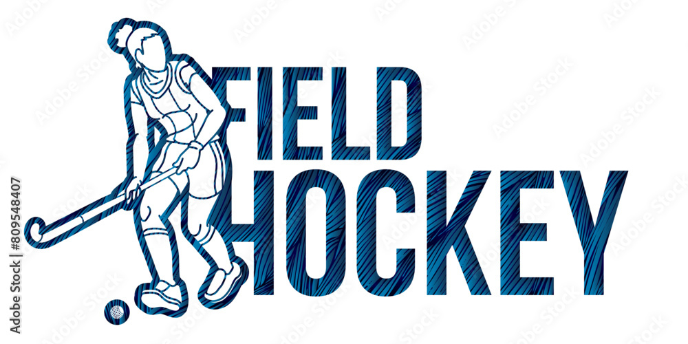 Field Hockey Female Player Action with Font Design Cartoon Sport Graphic Vector