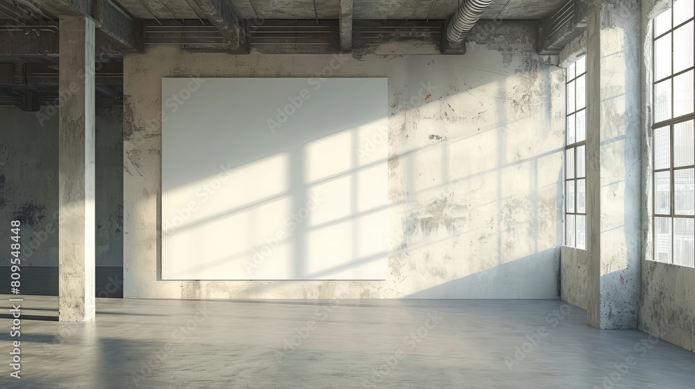 Fototapeta premium Spacious modern office with blank white wall and large windows for natural light - Ideal for business mockups, 3d rendered interior design