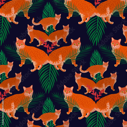 Bright pattern with cats and palm leaves. Vector illustration.