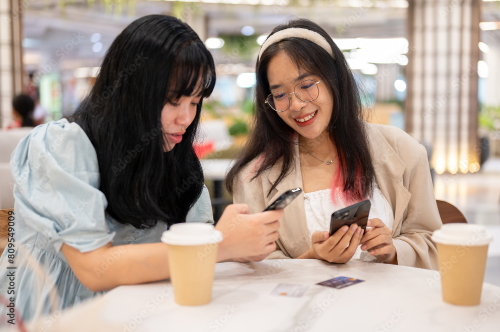 Two happy young Asian female friends are hanging out together at the shopping mall on the weekend. Two happy young Asian female friends are hanging out together at the shopping mall on the weekend.