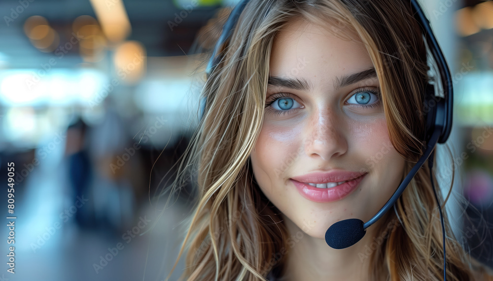 Happy call center agent wearing a headset talking to a client working in customer support
Happy call center agent wearing a headset talking to a client working in customer support