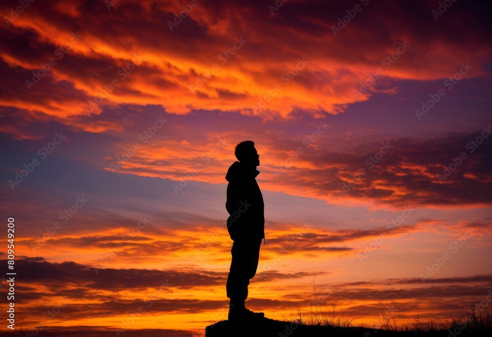 illustration, dramatic sunset sunrise silhouette shots individual figures, sky, person, dusk, dawn, evening, morning, shadow, profile, outline, contrast, dark