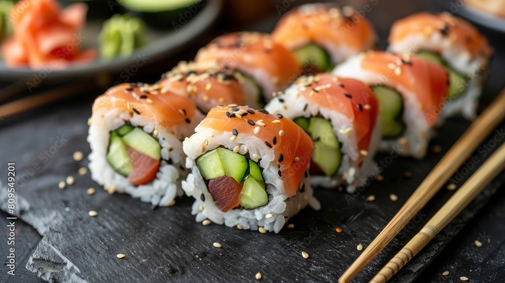 Sushi rolls filled with cucumbers and topped with sesame seeds on a black plate Sushi rolls filled with cucumbers and topped with sesame seeds on a black plate
