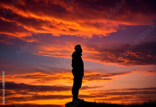 illustration, dramatic sunset sunrise silhouette shots individual figures, sky, person, dusk, dawn, evening, morning, shadow, profile, outline, contrast, dark © Yaraslava