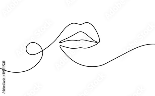 One line drawing of lips. Concept lineart simple symbol for lipstick. Horizontal banner for poster, makeup. Isolated editable stroke. Hand Drawn Vector Illustration. Smiling mouth contour in Doodle st (ID: 809549221)