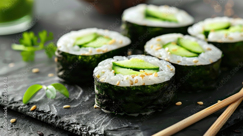 Sushi rolls with avocado and cucumber arranged on a slate board with chopsticks