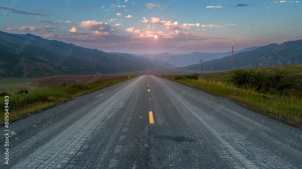 Fototapeta premium Low level view of empty old paved road in mountain area at sunrise