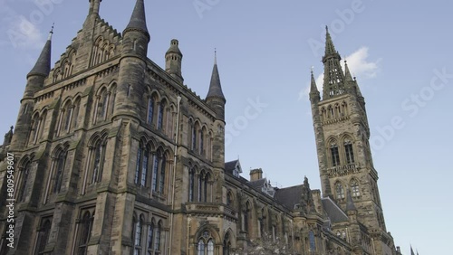 Glasgow University Building. Mostly Sunny.  Wide Right To Left Track photo