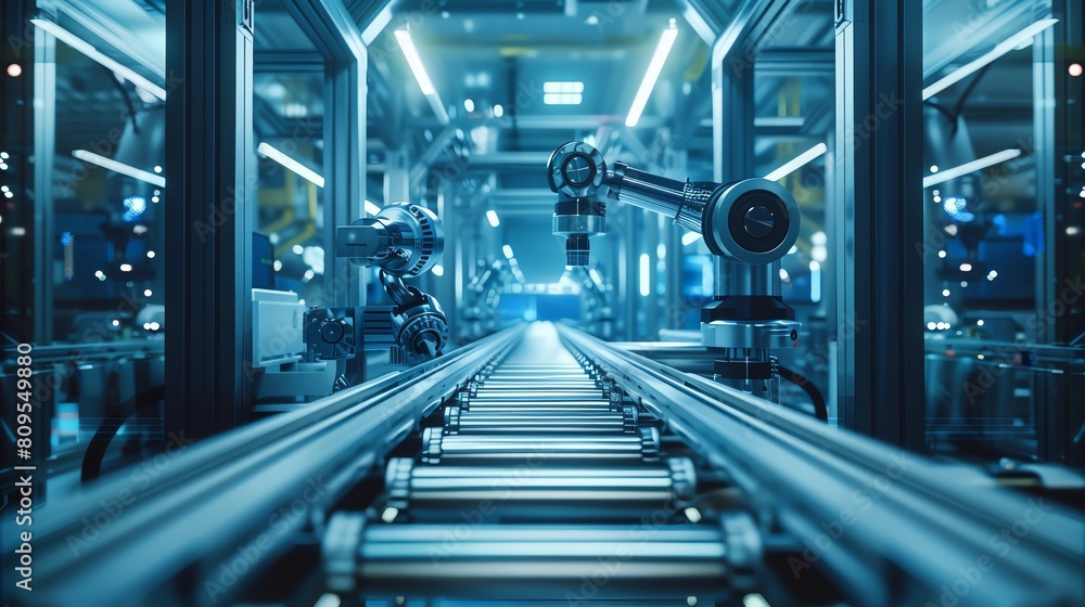 An industrial scene depicting the automated process of manufacturing nuclear fuel pellets, featuring robotic arms and conveyor belts in a hightech facility An industrial scene depicting the automated process of manufacturing nuclear fuel pellets, featuring robotic arms and conveyor belts in a hightech facility