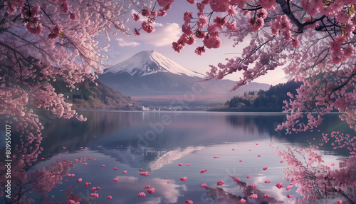 Pink cherry blossom in full bloom in front of Mount Fuji with a lake © WD Stockphotos