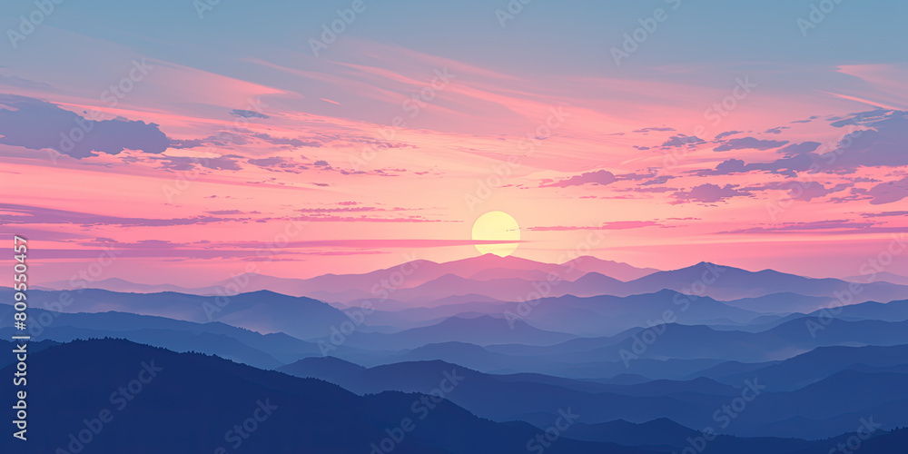 Ambient background, sunrise sunset beautiful backdrop wide panorama, soft color graphic design digital art illustration, generated ai