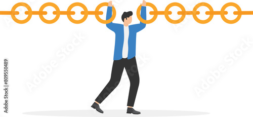 Weakness or conflict causing failure in business and investment concept, tried fatigue businessman trying to hold broken chain together

