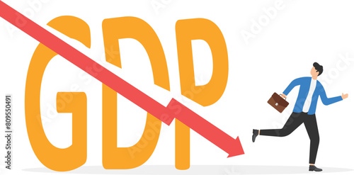 Coronavirus outbreak world wide economic recession concept, businessman escape from big alphabet GDP with arrow pointing down and virus pathogen

