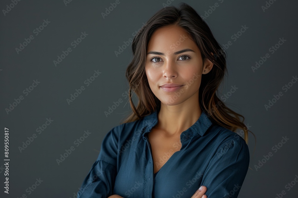 Fototapeta premium Confident and happy Latina female executive, fashionable in blue, with a joyful expression and arms crossed