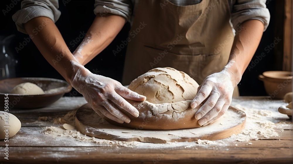Early in the morning, artisan hands kneading bread dough with flour dusted on a vintage wooden table