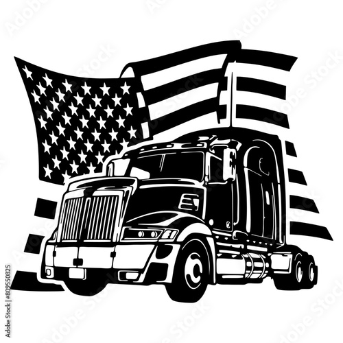US Semi Truck - Patriotic Trucker SVG - Big Truck Clipart - Trucking Vehicle Cut File Stencil - Semi Trailer USA Flag