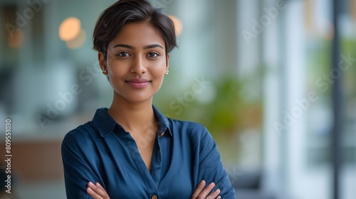 Free Download Confident young Indian businesswoman in blue silk shirt, arms crossed, standing in modern office setting - GFXLoad