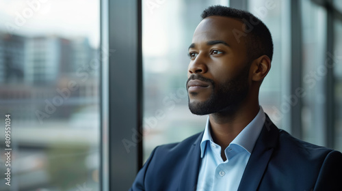 African American businessman looking out window in modern office