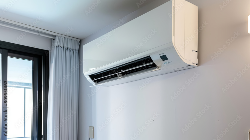 In a brightly lit room, an air conditioner hangs on the wall, effectively cooling the space In a brightly lit room, an air conditioner hangs on the wall, effectively cooling the space