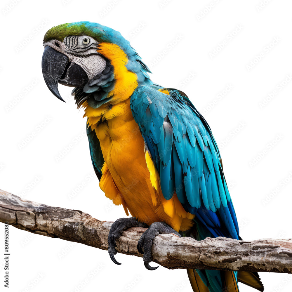 Fototapeta premium A beautiful blue and gold macaw parrot is sitting on a branch
