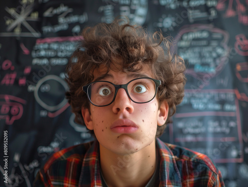 Portrait of confused student in classroom. Worried youth unprepared for test or exam.