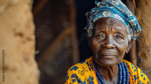 West African senior in front of mud hut