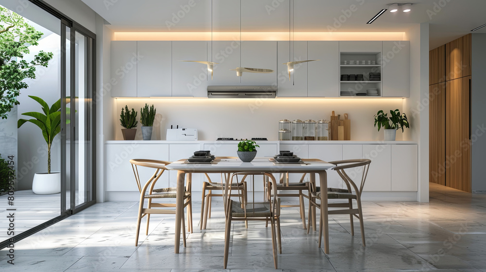 Cozy bright kitchen with wooden table and chairs in the sun's rays