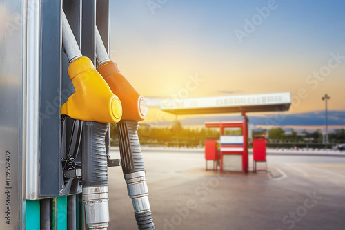 Conceptual fuel pumps at a petrol station during sunset.