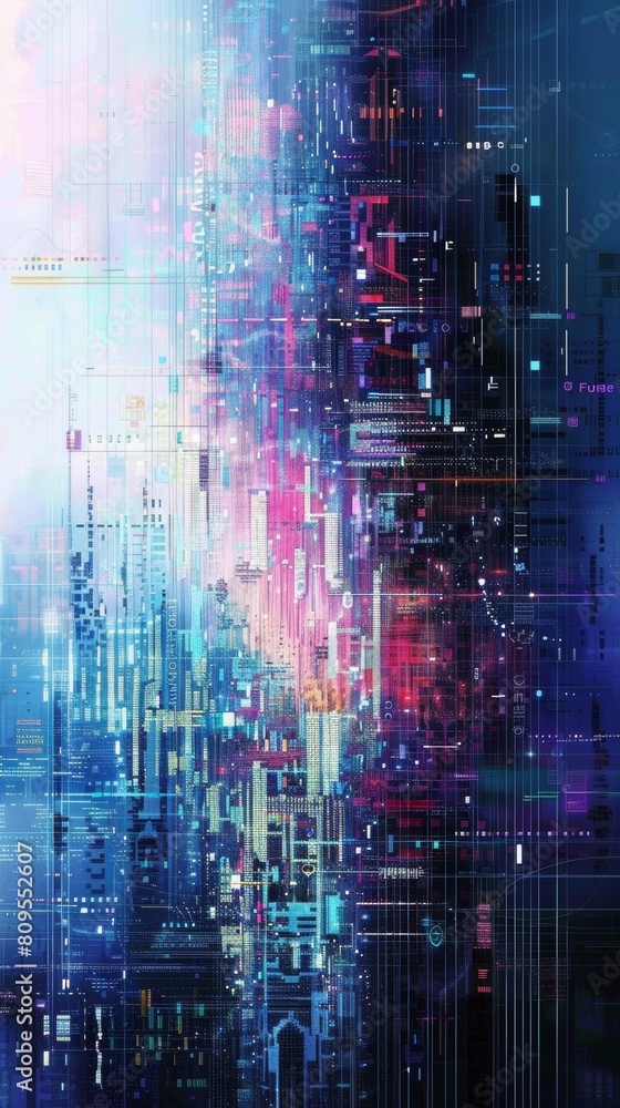 Abstract digital cityscape with glitch effects