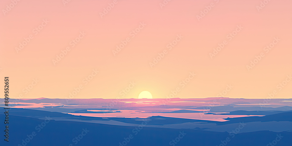 Ambient background, sunrise sunset beautiful backdrop wide panorama, soft color graphic design digital art illustration, generated ai