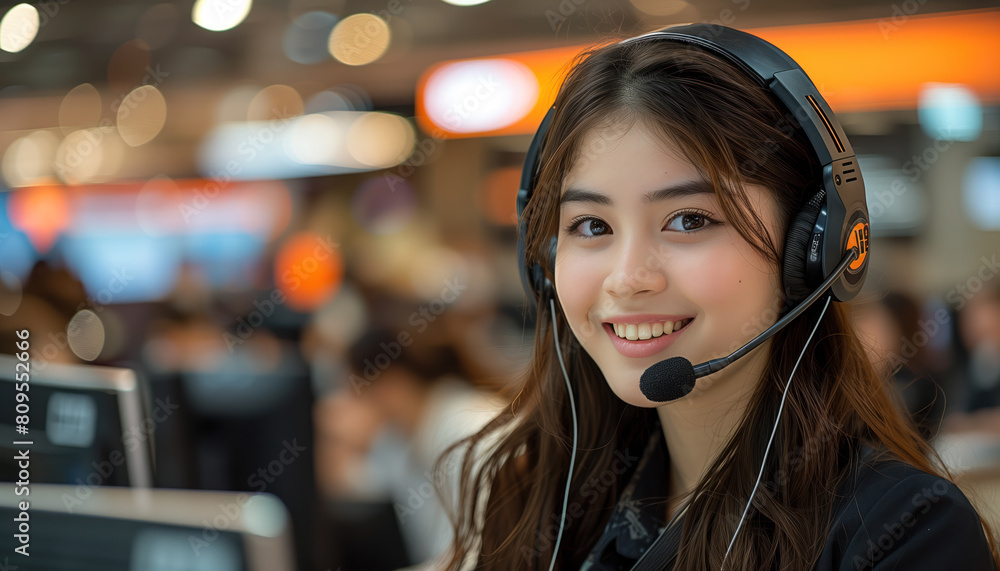 Happy call center agent wearing a headset talking to a client working in customer support Happy call center agent wearing a headset talking to a client working in customer support