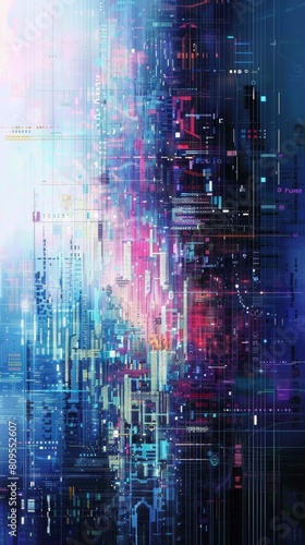 Abstract digital cityscape with glitch effects