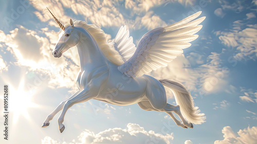 Beautiful white pegasus soaring in the clouds