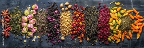 Herbal Tea Mixes Set Top View Flat Lay on Natural Background. Dry Organic Healthy Tea Leaves  Fruits  Flowers